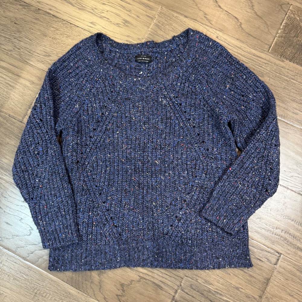 Lucky Brand Womens Blue Multi Speckled Knit Pullover Sweater Large L